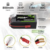 2× OVONIC 11,1V 80C 800mAh 2S LiPo-Akku mit JST-Stecker für 250 Hubschrauber, 800mm Warbird